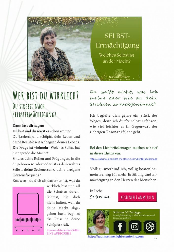 Selbstermächtigung Wer bist du wirklich? Herzprojekt Betrag von Sabrina Mitterrigger Shine Your Light Mentoring in der #24. Ausgabe des Herzprojekt Magazins